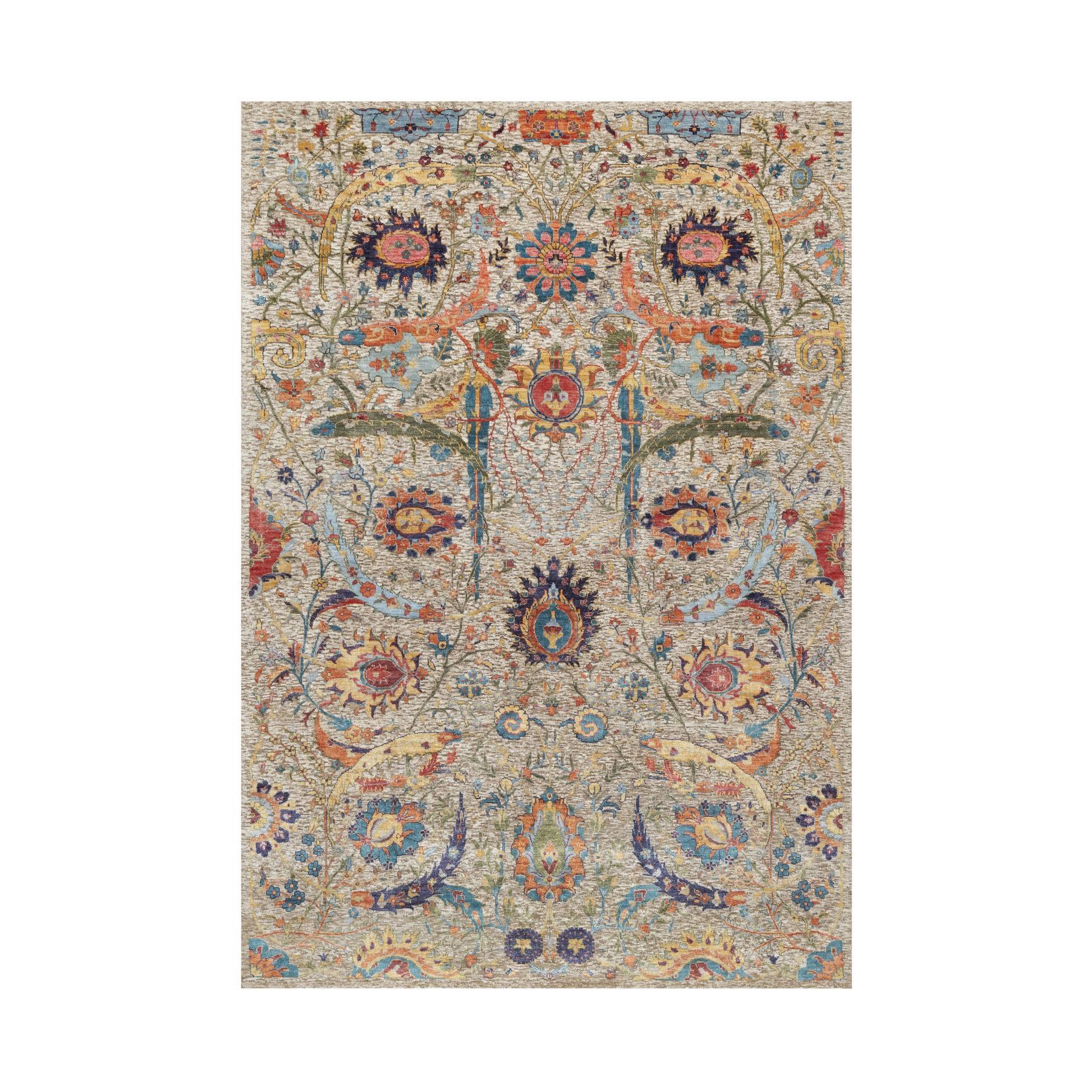 6'3"x9'1" Ivory and Brown, Colorful Sickle Leaf Design, Hand Knotted, Silk with Textured Wool, Oriental Rug 